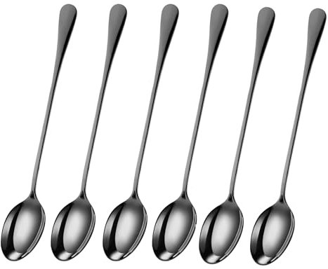 PEBBLE HUG 6 Pcs Metallic Black Long Handle Latte Iced Tea Spoon, Coffee Spoon, Ice Cream Spoon, Stainless Steel Cocktail Stirring Spoons(Set of 6)