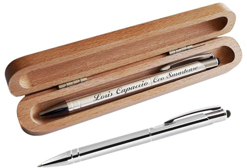 Stileitaliano Penna a sfera personalizzata a scatto in alluminio touch con custodia in legno (Argento, Metallo personalizzata)