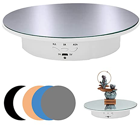 Espositore motorizzato per giradischi, giradischi elettrico rotante da 19,87 cm, base rotante elettrica, con 5 sfondi in PVC, carico 8 kg (specchio bianco)
