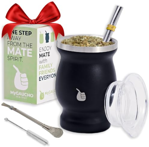 MyGaucho Yerba Mate Cup Gourd Set, 8oz, 2 Bombillas & Spill-Prev Lid | Stainless Steel Mate Cup, BPA-free lid & cleaning brush, comfortable sipping, and simple cleanup at home, work, or on the go