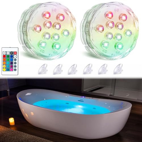 Seagenck Luci per vasca da bagno, wireless, a batteria, impermeabili, per bagno, vasca da bagno, doccia, spa, elementi essenziali per il bagno per donne, rilassanti, RGB multicolore telecomandato, 2