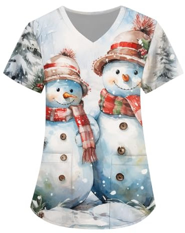 DHYUEN Schlupf-Kasack Damen V-Ausschnitt Weihnachtsshirt Mit 2 Großen Stabilen Taschen Weihnachtspullover Medizinische Berufsbekleidung Knopfen Feiertagsshirts(x-Wein,4XL)