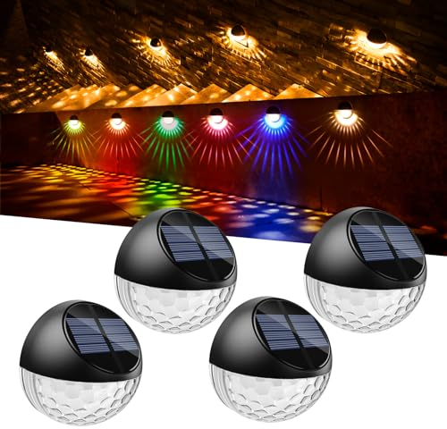 Quntis Lot de 4 LED Lampes Solaire Applique Murale Extérieur IP65 Lumière Blanc Chaud/RGB, Lampe de Clôture Mur Terrasse Jardin Porte d'entrée Escalier Cour Allée Chemin, Éclairage Décorative Étanche