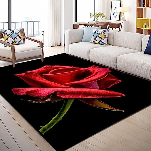 Rote Leuchtende Rose 3D Gedruckter Teppich Rutschfester Teppich Für Wohnzimmer Schlafzimmer Bodenmatte Outdoor-Teppich Geburtstagsgeschenk 70,8 X 110,2 Zoll - Leicht Zu Reinigen -3Q7R-M3K