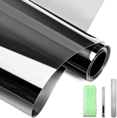 DARUITE Vinilo Adhesivo Cristal Vinilo Espejo para Ventanas Privacidad Control del Calor Reflectante Efecto Espejo Anti UV Película de Vinilos para Cristales Pegamento(Negro-Plateado, 44.3x200cm)