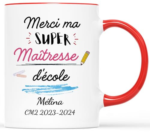 Cadeau Plus Mug Personnalisé Prénom Merci Maître d'École, Cadeau Maitre, Cadeau Fin d'Année, Mug Personnalisé Maitre, cadeau professeur (Rouge - Maîtresse)