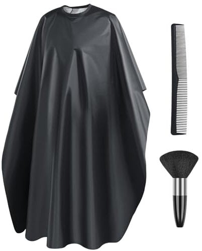 LOPHE Hairdressing Gown Barbers Cape, Black Salon Cape Apron with Neck Duster Brush and Hairdressers Comb, Waterproof Unisex Cutting Gowns for Hair Styling, Cuts and Colours, Barber Accessories, A