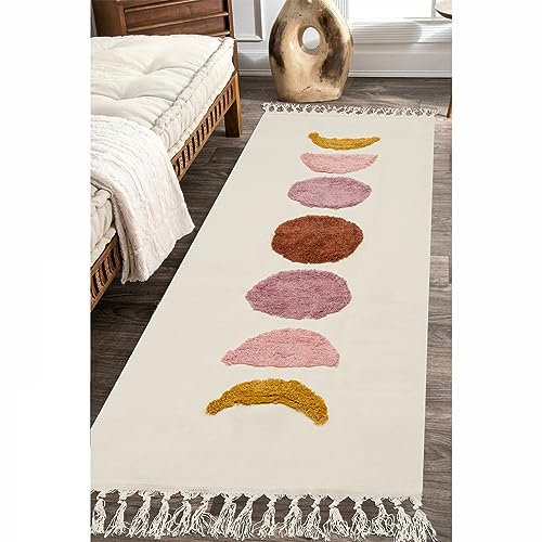 LINROMIA Teppich Läufer Flur 60x130 cm, Boho Beige Mond Getuftet Baumwollteppich mit Gewebt Quasten, Waschbarer Teppich für Badezimmer Küche Wohnzimmer Schlafzimmer Flur Esszimmer