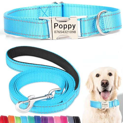 SEOUGEE Personalised Dog Collar and Lead Set with Engraved Metal Buckle, Reflective Nylon Dog Collars and Leash for Medium Dogs with Custom Name Plate Phone Number (Sky Blue Set, M:Neck 35-50cm)