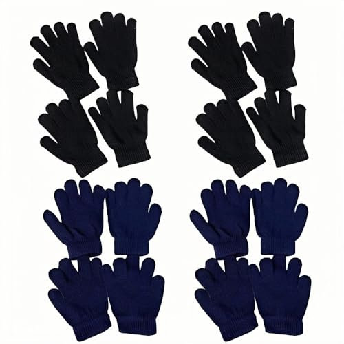 SDXCJY 8 Paare Magic Stretch Handschuhe,Kindersport Handschuhe Kinder Baumwolle Handschuhe für Winddicht Im Freien rutschfest Handschuhe Warm Fahrrad Reiten Gehen Ski. (4*Schwarz, 4*Marineblau)