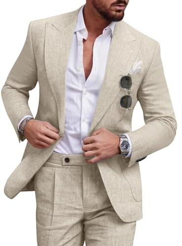 Diaryan Linen Men Suit Beige 2 Piece One Button Classic Fit Dress Suit Solid Jacket and Trousers Set for Wedding Business M