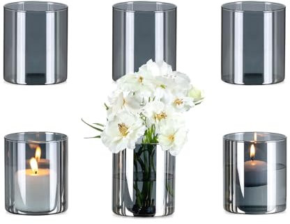 Glasseam Glasvase Zylinder Grau für Tischdeko: 6 Stück Elegante Vase Glas für Home Wohnzimmer Küche Esstisch Tisch Deko - Glaszylinder Blumenvase Modern Vasen Set für Blumen Tulpen Rosen