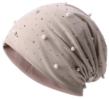 SMTCM Beanie Damen Mütze mit Perlen und Strass Nieten Glitzer Wintermütze Baumwolle Kappen Perle Chemo Hut Dehnbar Slouch Longbeanie Herbstrhut Warme Head Wrap Stoffmütze für Frauen Mädchen Outdoor