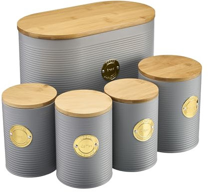 Cooks Professional 5 Piece Ribbed Tea Coffee Sugar Bread & Biscuit Cannisters with Air-Tight Bamboo Lids | Stainless Steel Kitchen Storage Bin Set | Modern & Stylish | Grey & Gold