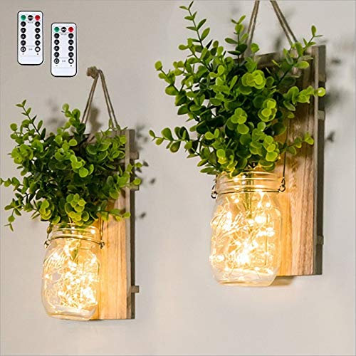 Lot de 2 appliques murales rustiques Mason Jar avec guirlande lumineuse LED et fausses plantes vertes pour décoration d'intérieur