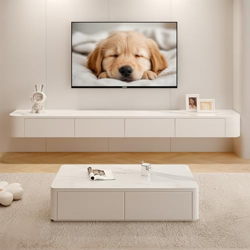 Ecoxsnz Wall Mounted TV Unit White Texture Floating TV Cabinet with Storage | Floating TV Stand with Flip-Down Doors, TV Media Console Storage Unit for Living Room, Modern Entertainment Centre