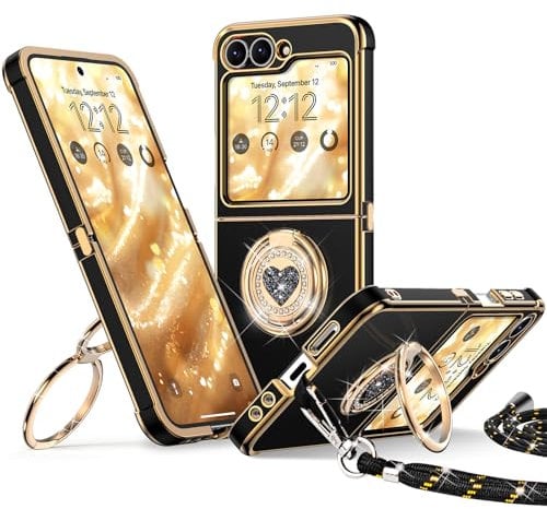 XYZ for Samsung Galaxy Z Flip 6 Case with Stand, Double Ring Holder Case Heart with Lanyard for Women, Luxury Cute Bling Protective Phone Cover, Black
