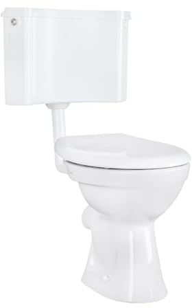 Belvit Set de inodoro de pie blanco con salida horizontal, asiento de inodoro de cierre suave y esquina para conexión a la pared