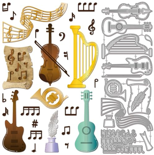 GLOBLELAND Stanzformen für Musikinstrumente zum Basteln von Karten Musiknoten Gitarre Violine Papierpräge Stanzschablonen Set Metall-Stanzformen für DIY-Scrapbooking Prägung Fotoalbum