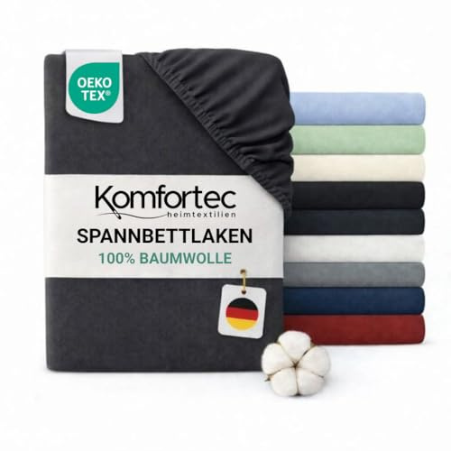 Komfortec Spannbettlaken Jersey 100% Baumwolle – 120x200 cm – 135g/m² – Weich, Atmungsaktiv & Hautfreundlich – Mit Rundumgummi – Oeko-Tex Zertifiziert – Für Boxspring, Topper & Matratzen – Anthrazit