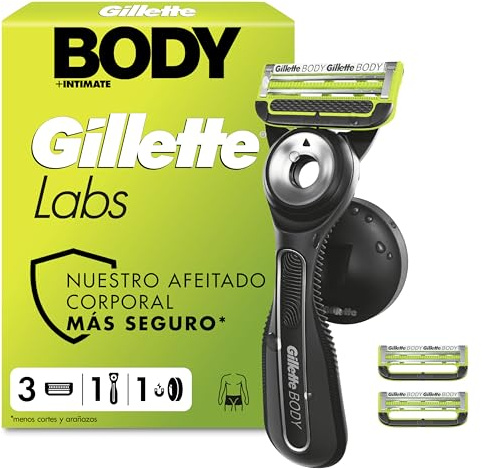 Gillette Labs Body + Intimate Rasoir Intime Homme, 3 Cartouches, Noir – Conçu pour le Rasage du Corps et du Pubis, Lames avec une Barre Anti-Poils Incarnés et Irritation, Manche Facile à Gripper