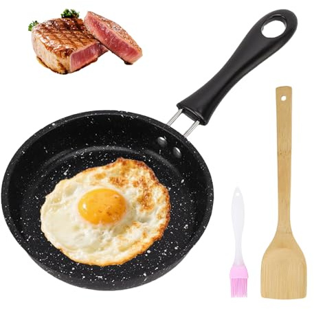 MENUY Antihaftbeschichtete Mini Bratpfanne,12cm Kleine Pfanne mit Pinsel und Spatel,Spiegeleipfanne mit Griff,Kleine Pfanne Induktion für Eiern,Speck,Schinkenscheiben Steaks,Camping Kochen