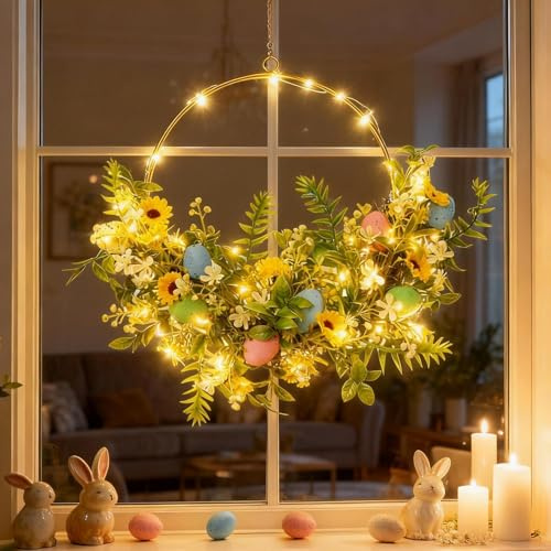 Türkranz Ostern mit LED Lichterkette, 40CM Künstliche Osterkränze zum Aufhängen, Osterdeko Ostereier Wandkranz Frühlingsdeko Türkranz Fensterdeko Frühlingskranz für Wohndekoration Haustür Deko