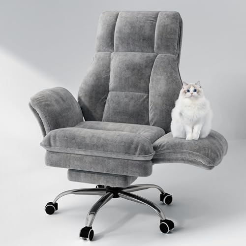 HOMVIMI Bürodrehstuhl für große und kräftige Personen mit Flip-Armlehnen & Fußstütze, Breiter Verstellbarer ergonomischer Gaming-Sessel für Sitz mit gekreuzten Beinen und Tierkomfort, Grau