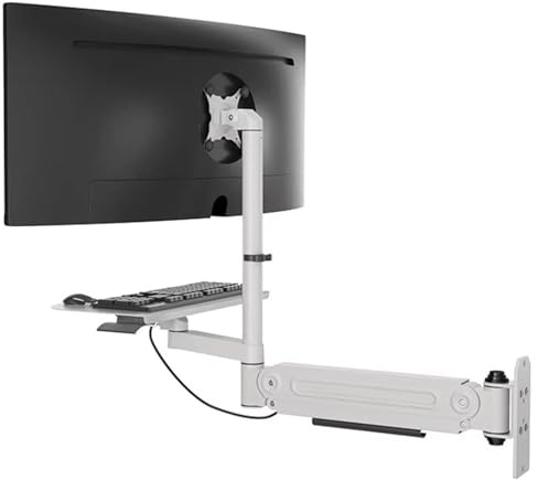 Monitor and Keyboard Wall Mount, Wall Mount Computer Workstation, Adjustable Computer Desk, with Pneumatic Spring Arm, Keyboard Tray, Height/Angle Adjustable, for Single Monitor.