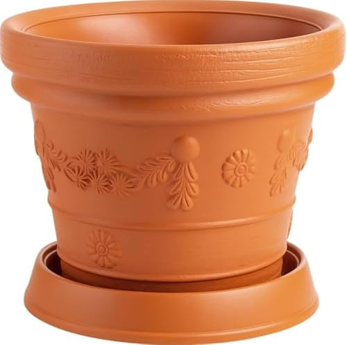 BirnePower Pot de Fleurs Rond Massiv Decora avec Soucoupe, Aspect Terre Cuite et Motif Floral, Cache-Pot Traditionnel Résistant au Gel et UV, 30 cm, Terre Cuite