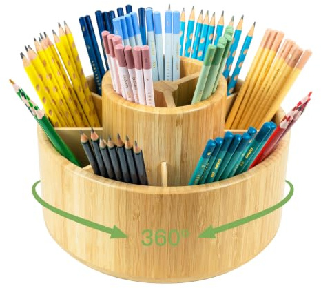 Utoplike Porte-Crayons en Bambou Grande Capacité, Pivotant à 360 Degrés | Organiseur de Bureau en Bois à 11 Compartiments pour la Papeterie et les Produits de Maquillage, à L'École ou au Bureau