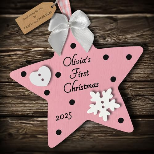 Multi-Colour Personalised Baby's First 1st Christmas Bauble Star tree decoration gift wooden hanging ornament keepsake for boy or girl (Pink #2)