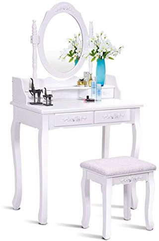 COSTWAY Toeletta da Trucco con Specchio Girevole 360°, Tavolo da Trucco con Sgabello e 4 Cassetti, Set Tavolo e Sgabello da Trucco in Legno, Specchiera Rimovibile, per Camera da Letto, Bianco
