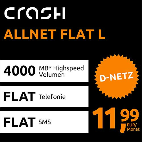 Crash Allnet Flat L mit 4 GB Internet Flat max. 21,6 MBit/s, Telefonie- und SMS-Flat in alle dt. Netze, EU-Flat, 24 Monate Laufzeit, 11,99 EUR monatlich