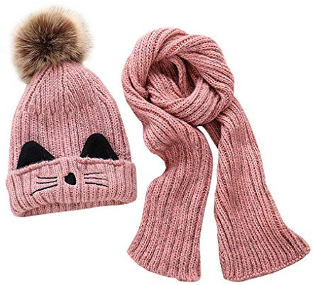 JFAN Cappelli per Bebè Ragazzi - Sciarpa Calda Invernale per Bambini Set Simpatico Berretto con Pon Pon Lavorato a Maglia Gatto per Bambino 2-8 anni (rosa)