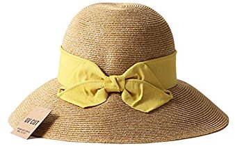 Chapeau Paille Femme Femmes Chapeaux De Paille Réglable Large Bord Protection Solaire Plage Pêcheur Chapeau Grand Noeud Ruban-Jaune