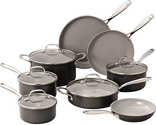 Granitestone Juego de ollas y sartenes de anodizado duro profesional Juego de utensilios de cocina premium de 13 piezas con revestimiento de diamante de cerámica ultra antiadherente