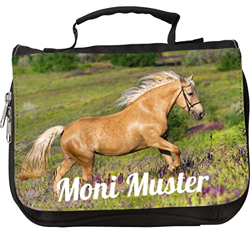 Manutextur Kulturbeutel mit Namen - personalisiert - Motiv Pferd 10 - viele Motive – Kulturbeutel - Größe 23x17x5 cm - persönliches Geschenk mit Wunsch-Motiv und Wunsch-Name