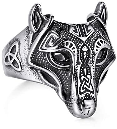 Herren Wikinger Fenrir Wolfskopf Edelstahlring, Mittelalterliches Vintage Tiertotem Ehering, Nordischer Wikinger Keltischer Knoten Amulett Skandinavischer Schmuck Größe 8-13, LYF, 8