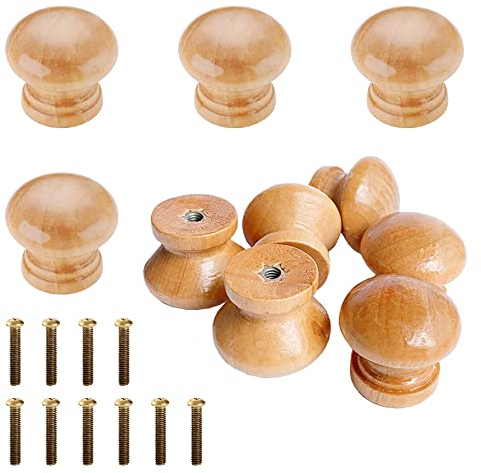 Pamtns 10 Pièces Bouton de Meuble Vintage en Bois Naturel - Poignée de Tiroir Rond pour Porte avec Vis - pour Maison Placard Armoire