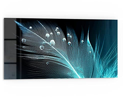 DEQORI Küchenrückwand Glas | Motiv Feder mit Wasserperlen | 80x40 cm | Bad- oder Herd-Rückwand | Herdblende Spritzschutz für Küche & Badezimmer | moderne Deko für Fliesenspiegel