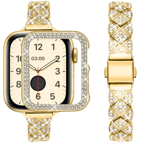 wutwuk Kompatibel mit Apple Watch Armband 40mm, Damen Bling Strass Armbänder mit Diamant Harter PC Gehäuse Frauen Glitzer Schlankes Metallarmband für iWatch SE Series 4 5 6, Gold