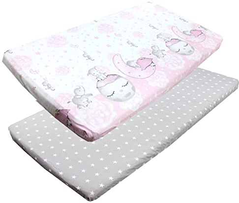 TupTam Baby Spannbettlaken Kinder Spannbetttuch für Babybett Kinderbett 2er Pack, Farbe: Mond mit Elefant/Rosa/Sterne/Grau, Größe: 70 x 140 cm