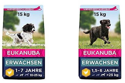 Eukanuba Hundefutter mit frischem Huhn für mittelgroße Rassen, Premium Trockenfutter für ausgewachsene Hunde & Hundefutter mit frischem Huhn für große Rassen