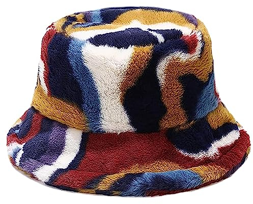 Malaxlx Damen Buntes Plüsch Fischerhut Wintermütze Flauschige Bucket Hat Warme Anglerhut