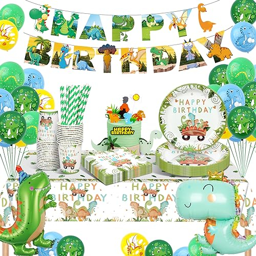 YIMAKJ Vaisselle Dinosaure pour Anniversaire - 89 Pcs avec Assiettes, Bannière, Serviettes et Décorations - Fournitures de Fête pour 16 Invités
