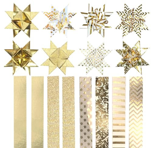 BODA Creative Fröbelstern Streifen metallic und Glitzer 15 mm, 48 Streifen, Faltstreifen für Fröbelsterne basteln Weiß-Gold & Uni