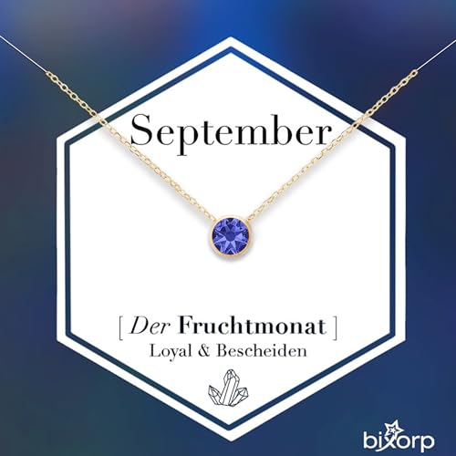 Bixorp Geburtsstein Halskette mit Zirkonia-Anhänger September - Edelstahlkette mit rundem Zirkonia-Kristall - September/Saphir - Gold