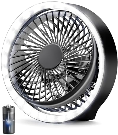 USB Desk Fan with LED Light,Battery Fan Silent 5-Blade Strong Airflow,3 Speeds Ceiling Small Portable 2000 Rechargeable Powerful Desktop Fans for Office,Bedroom,Camping,Outdoor