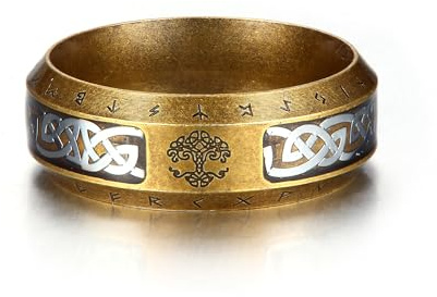GTHIC Anello a fascia vichingo con albero della vita in acciaio inossidabile da 8 mm per uomini e donne Anello con amuleto Yggdrasil con nodo celtico in argento dorato, taglia 7-13